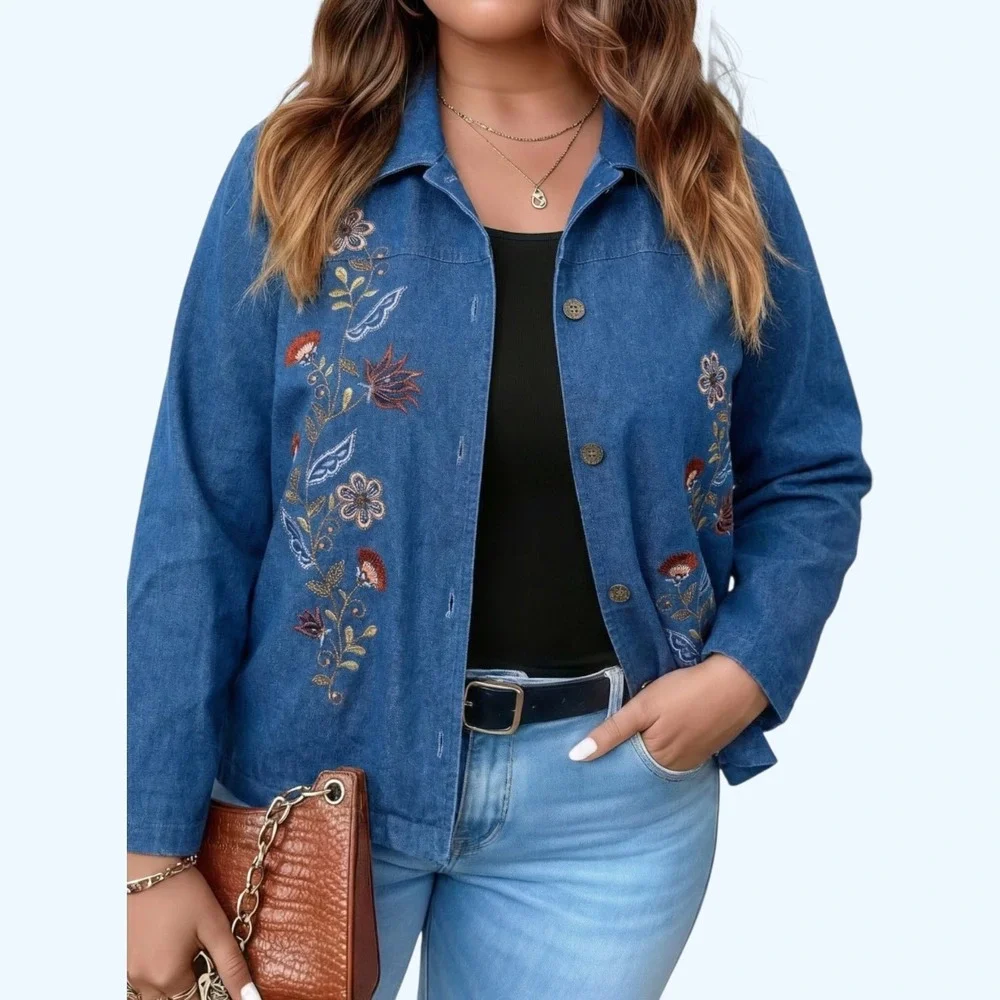 Alfred Dunner Floral Embroidered Denim‎ Jacket Size 14 Blue Stretch Button Front